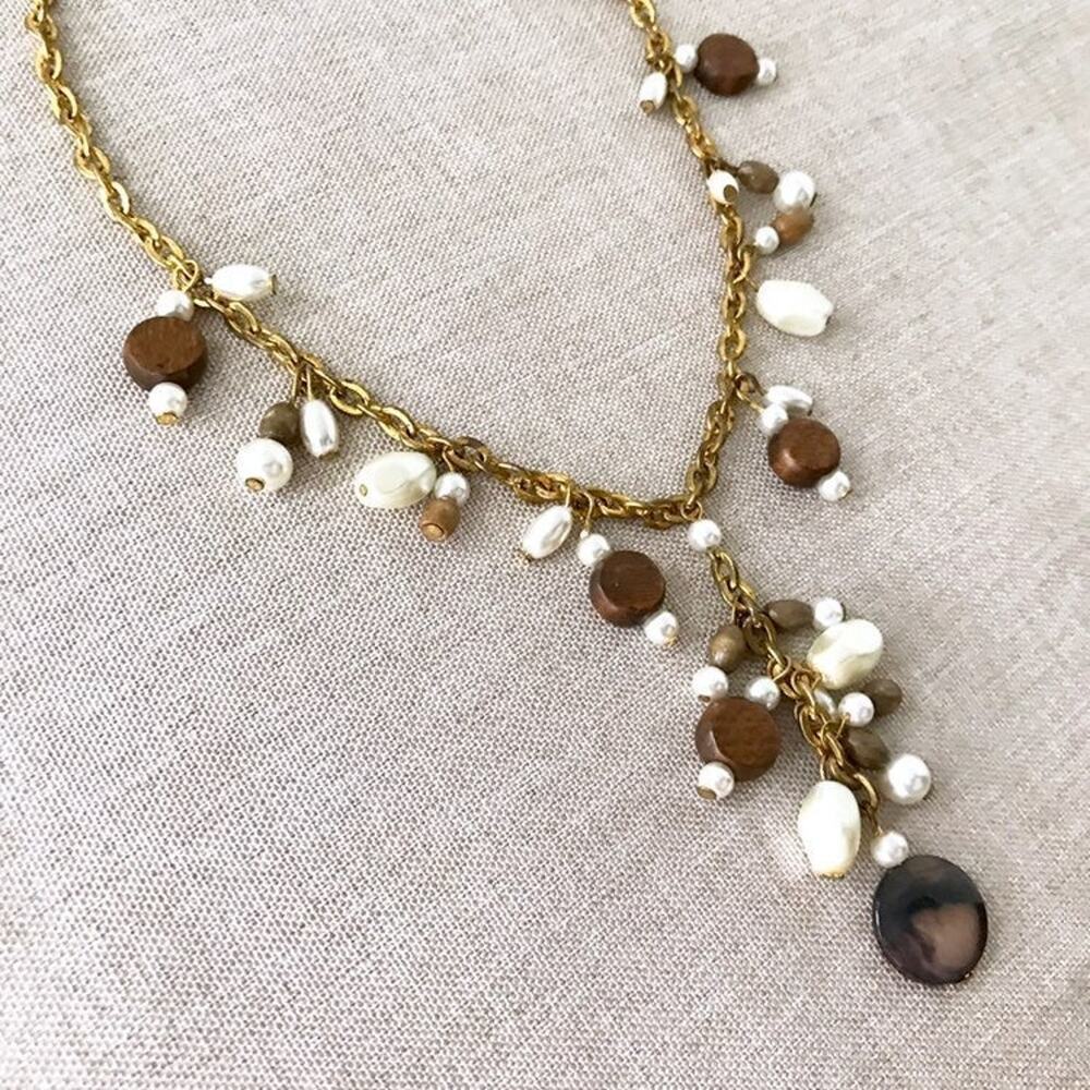 Brass Wood & Pearl Cluster Necklace